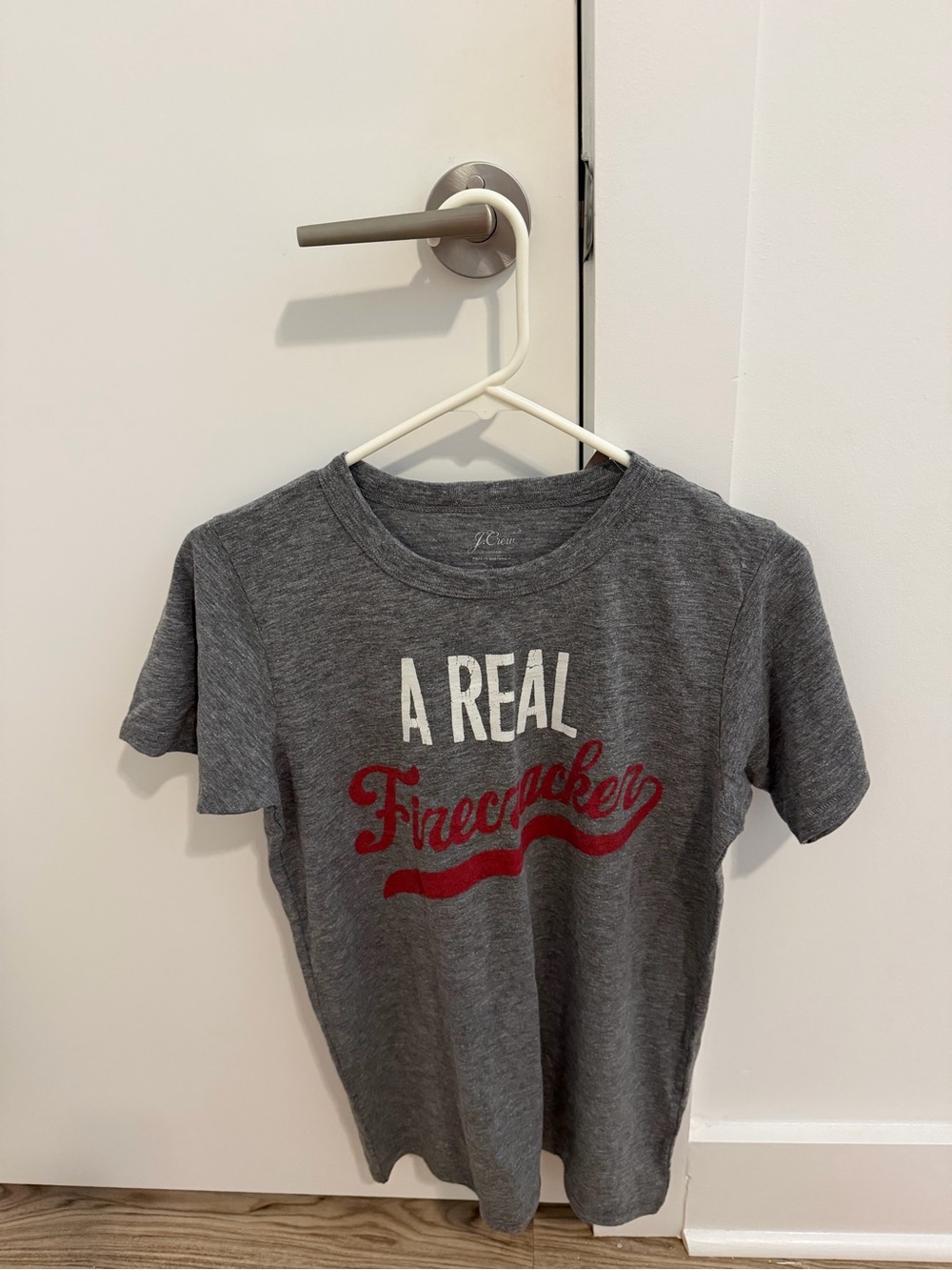 New J.Crew Gray 'A Real Firecracker' Graphic Tee, size Medium.